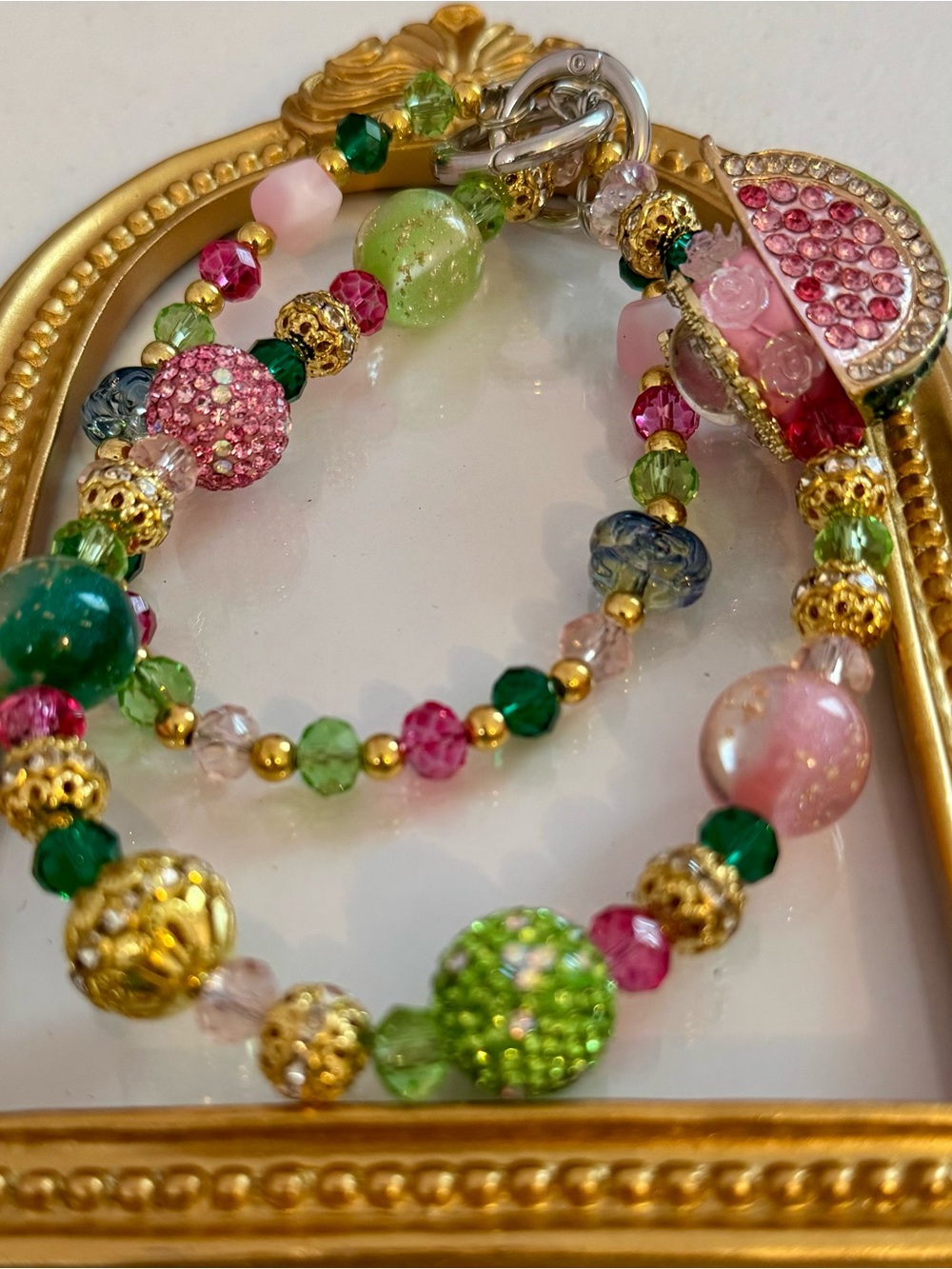New Pink & Green Beaded  Phone Chain with Gold Accents